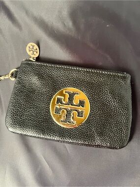 Tory Burch Black Pebble Leather Wristlet with Gold Hardware and Chain 7” Long